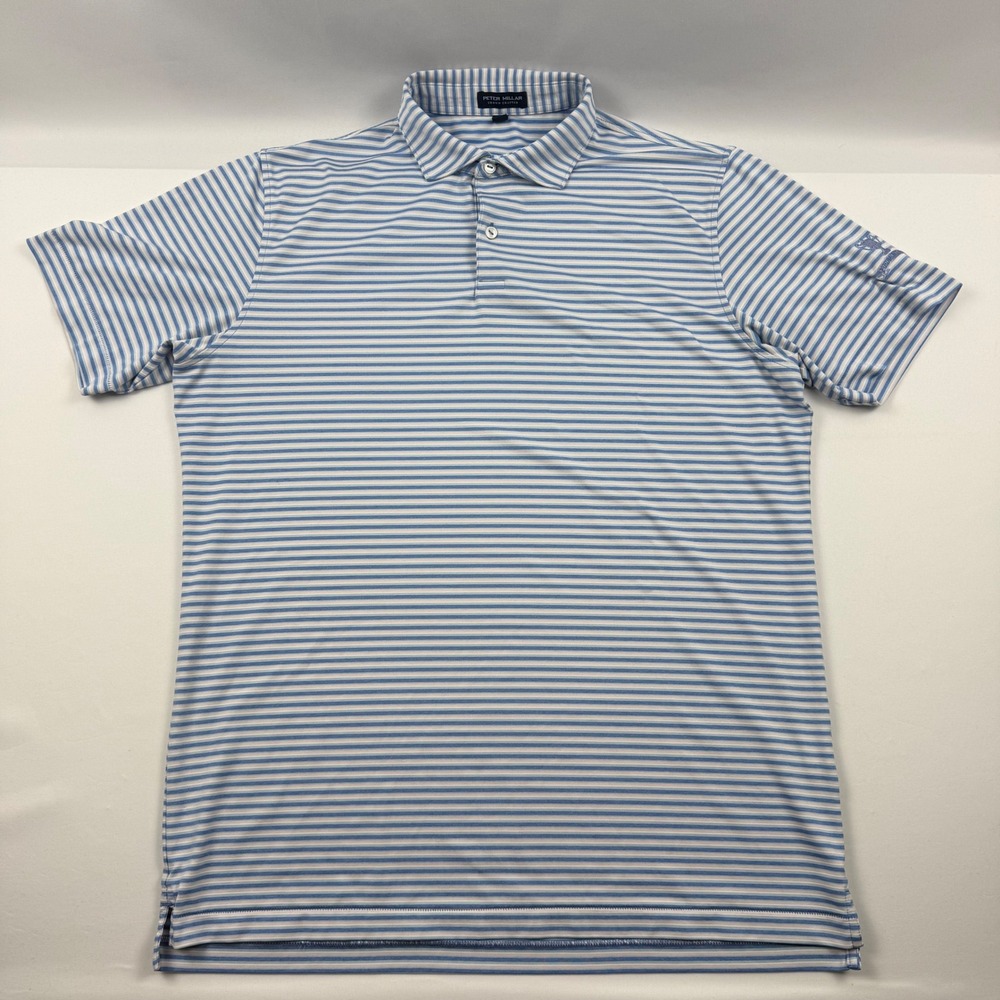 Peter Millar Crown Crafted Mens Large Blue Striped Piedmont Cup Golf Polo Shirt